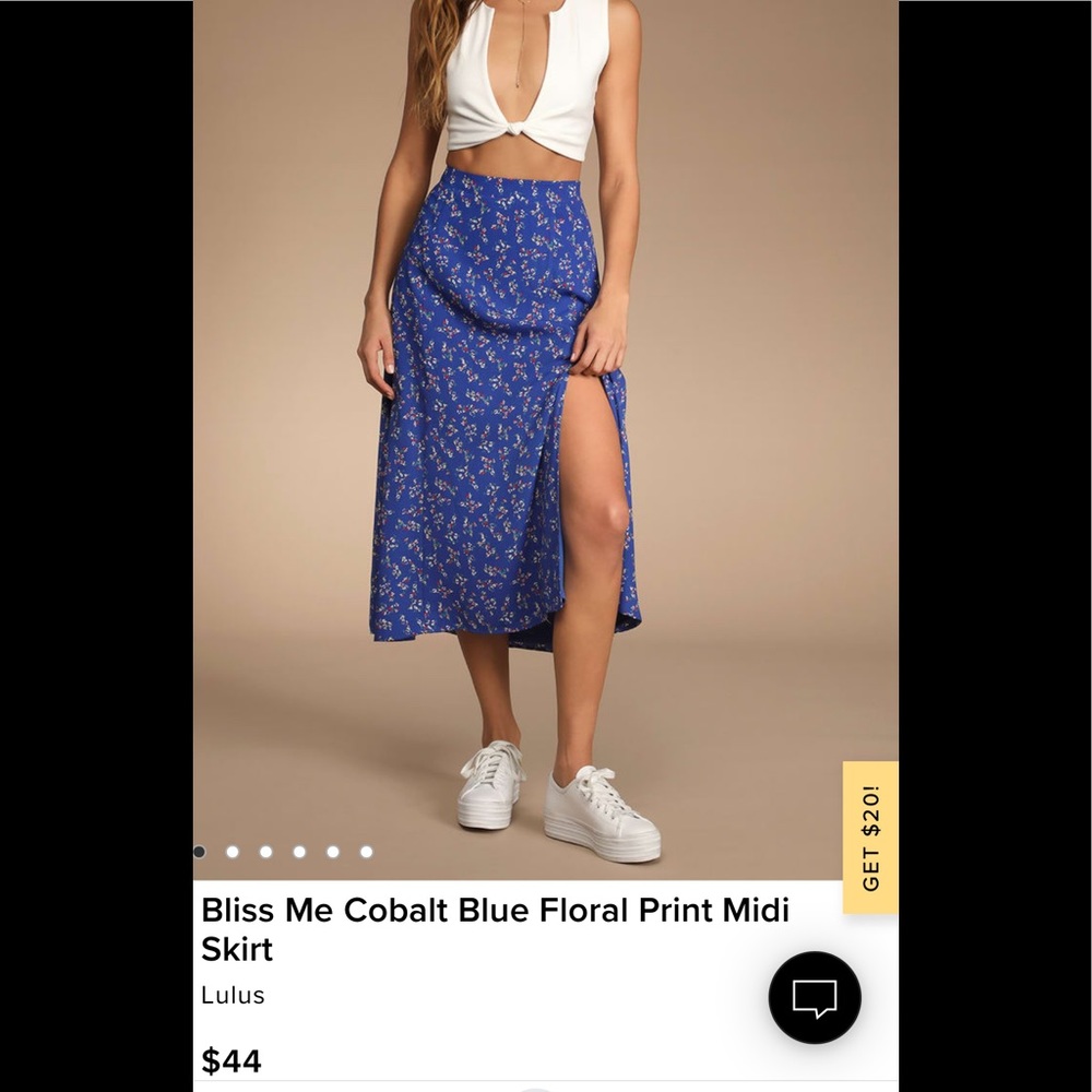 Lulus Bliss Me Cobalt Blue Floral Print Midi Skirt- size medium